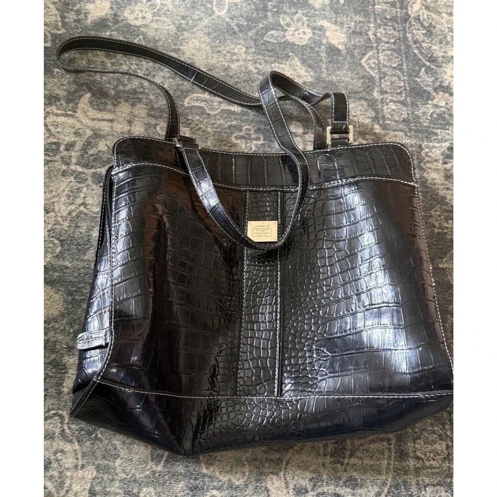 Liz Claiborne Black Faux Croc Embossed Tote Shoulder Bag Multi Pocket Organizer